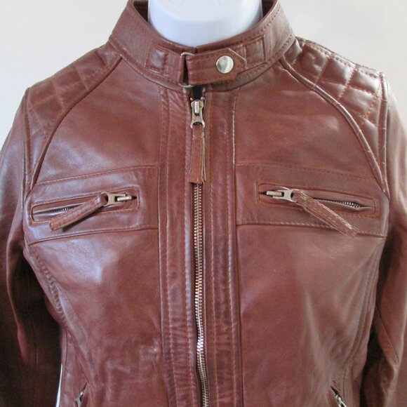 Cognac Leather Biker Style Jacket - Quilted Shoulder Sz S - Picture 5 of 12